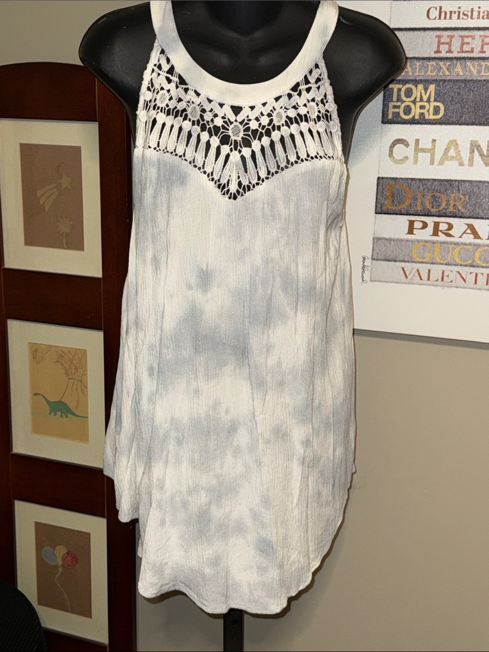 torrid White and Light Gray Crochet Yoke Tie-Dye Tank